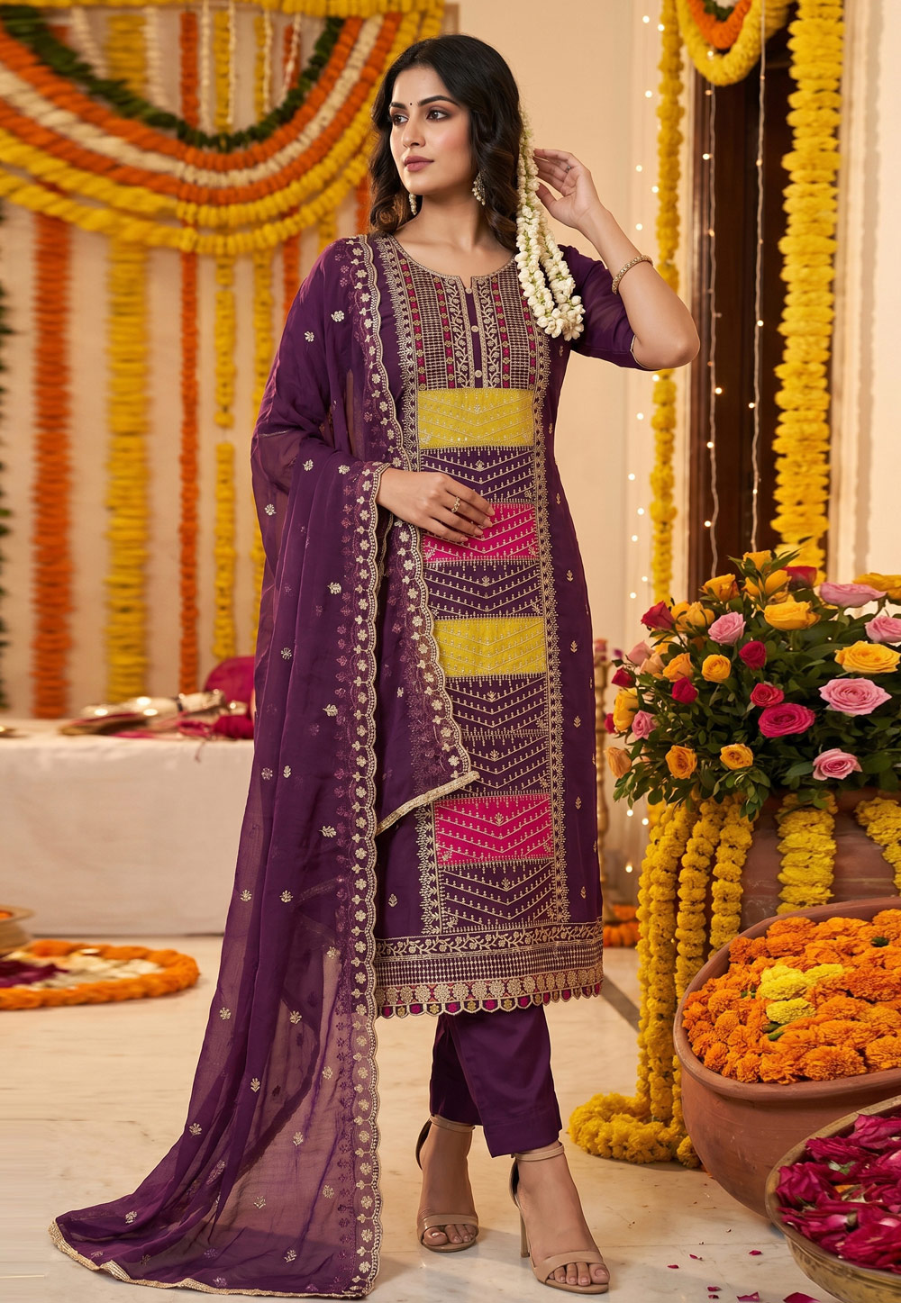 Wine Cotton Silk Straight Suit 327723
