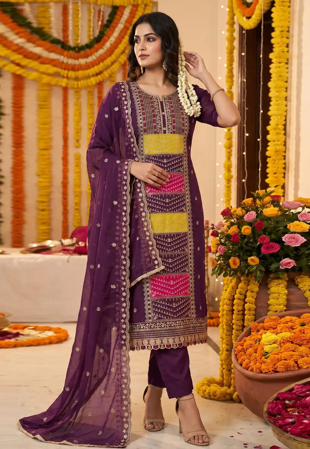 Wine Cotton Silk Straight Suit 327723