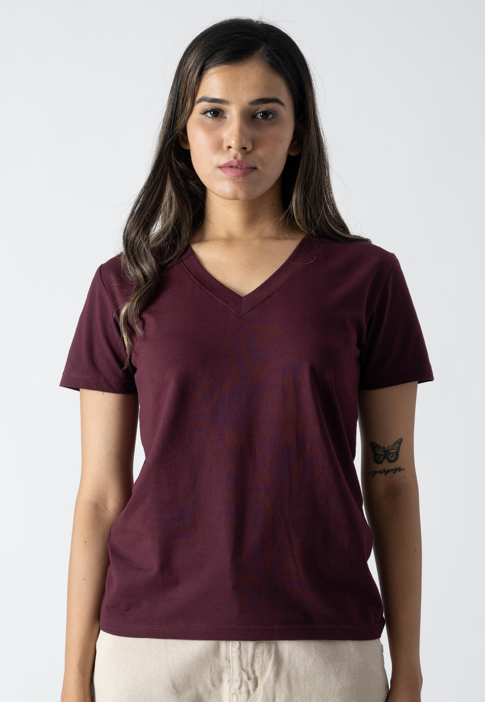 Wine Cotton V Neck T-Shirt 313265