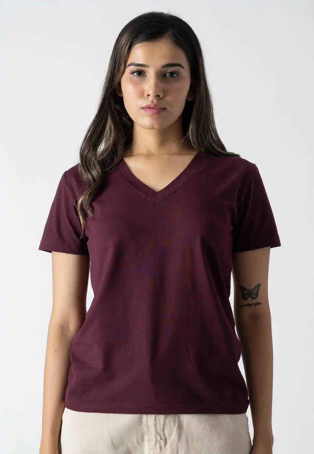 Wine Cotton V Neck T-Shirt 313265