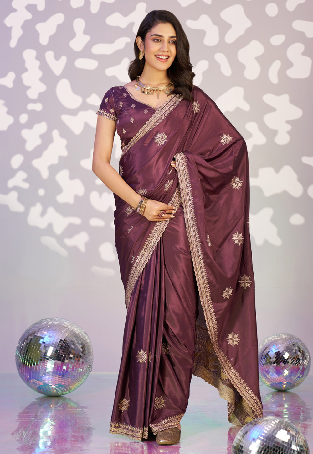 Wine Crepe Lehenga Saree 323933