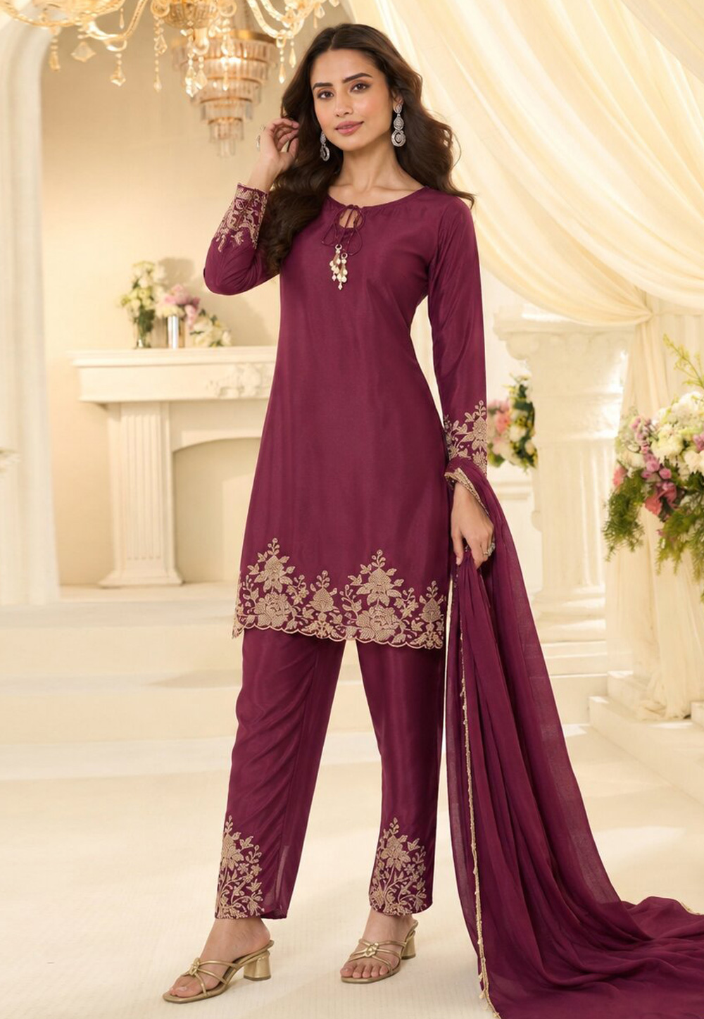 Wine Crepe Readymade Pant Style Suit 329792
