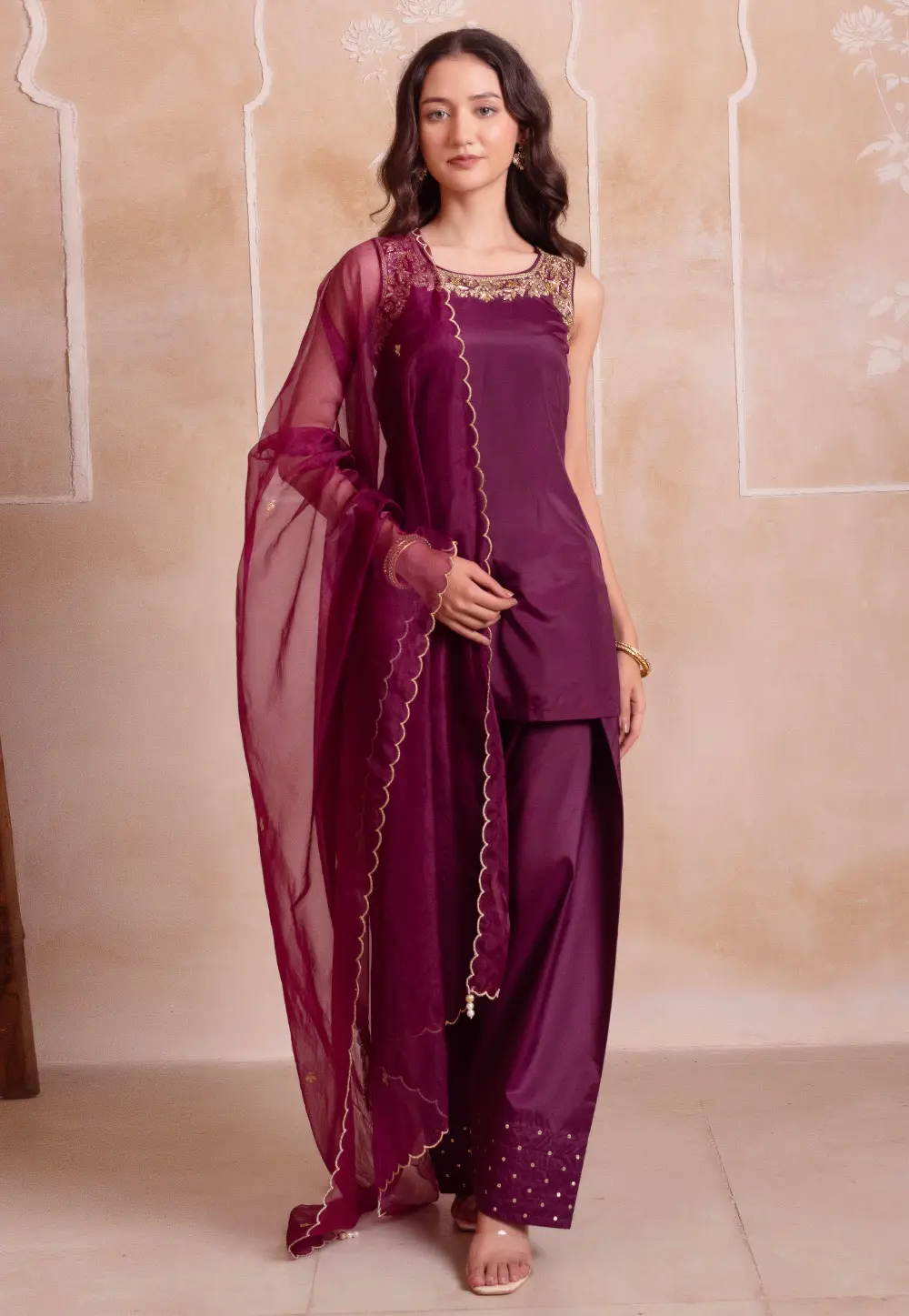 Wine Crepe Readymade Punjabi Suit 332473