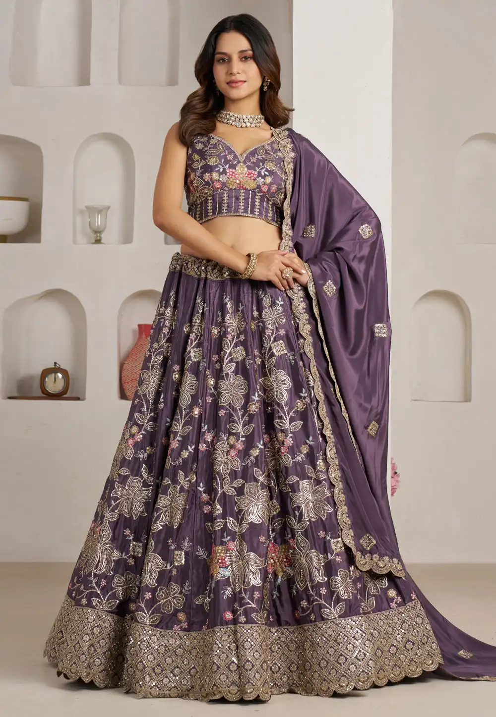 Wine Crepe Silk Lehenga Choli For Wedding 329380