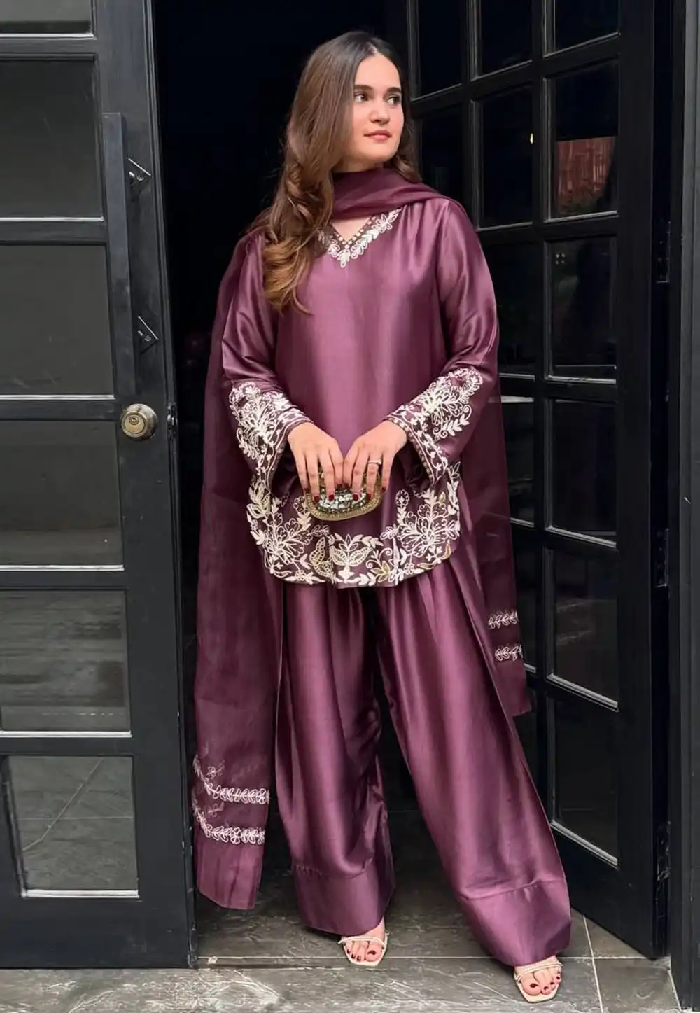 Wine Crepe Silk Readymade Pakistani Palazzo Suit 313383