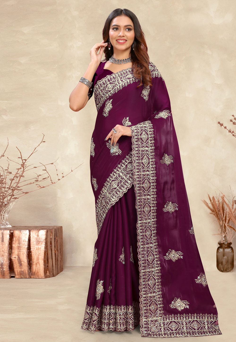 Wine Crepe Silk Saree With Blouse 282862