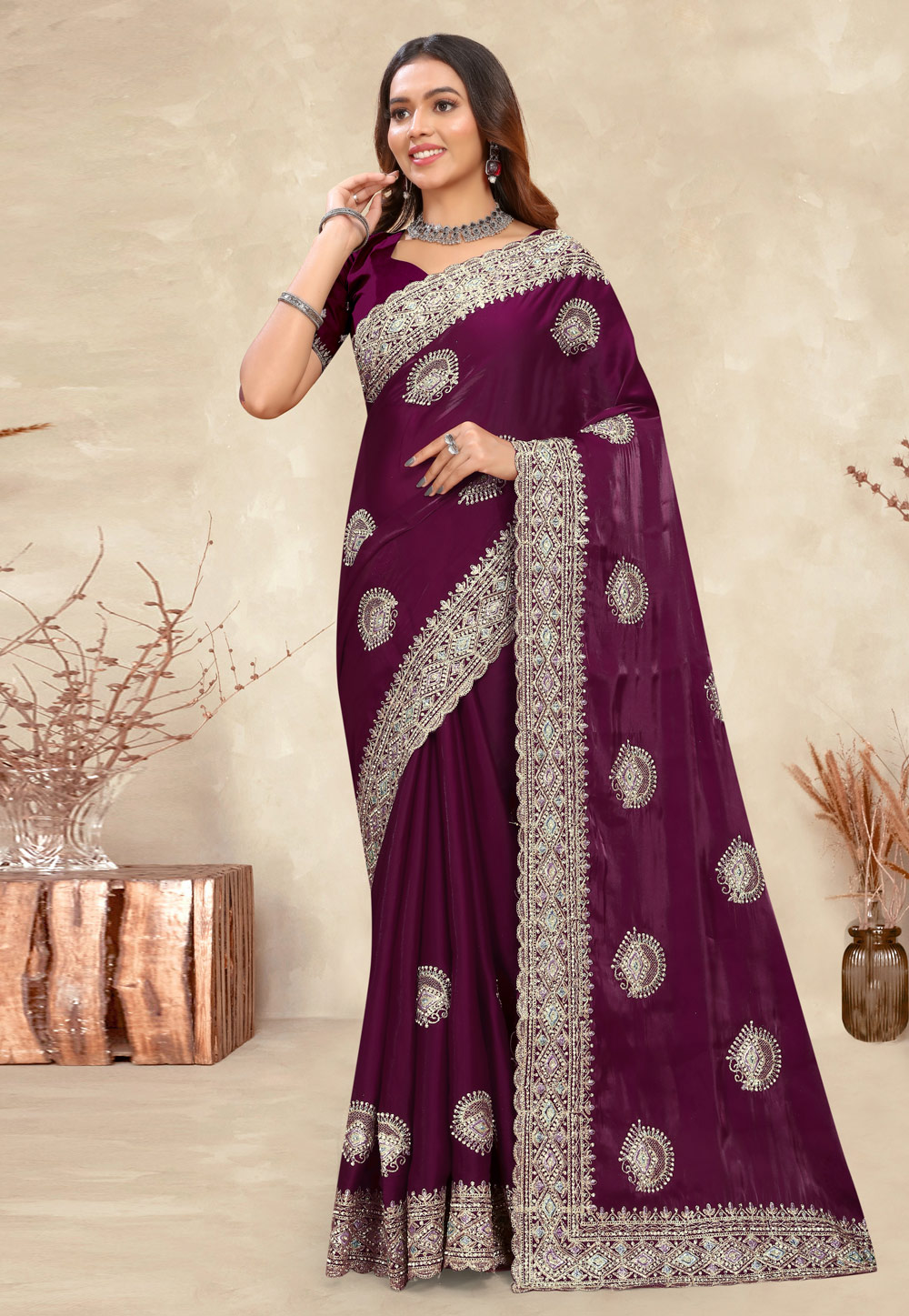 Wine Crepe Silk Saree With Blouse 282866