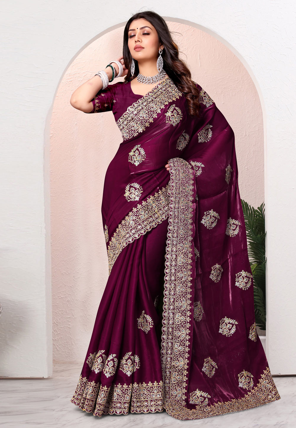 Wine Crepe Silk Saree With Blouse 282859