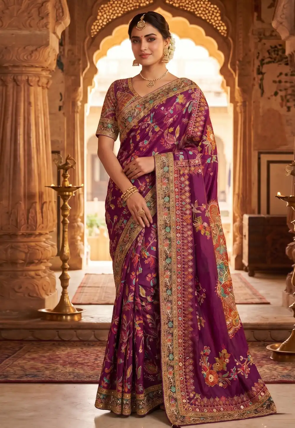 Wine Crepe Silk Saree With Blouse 329265