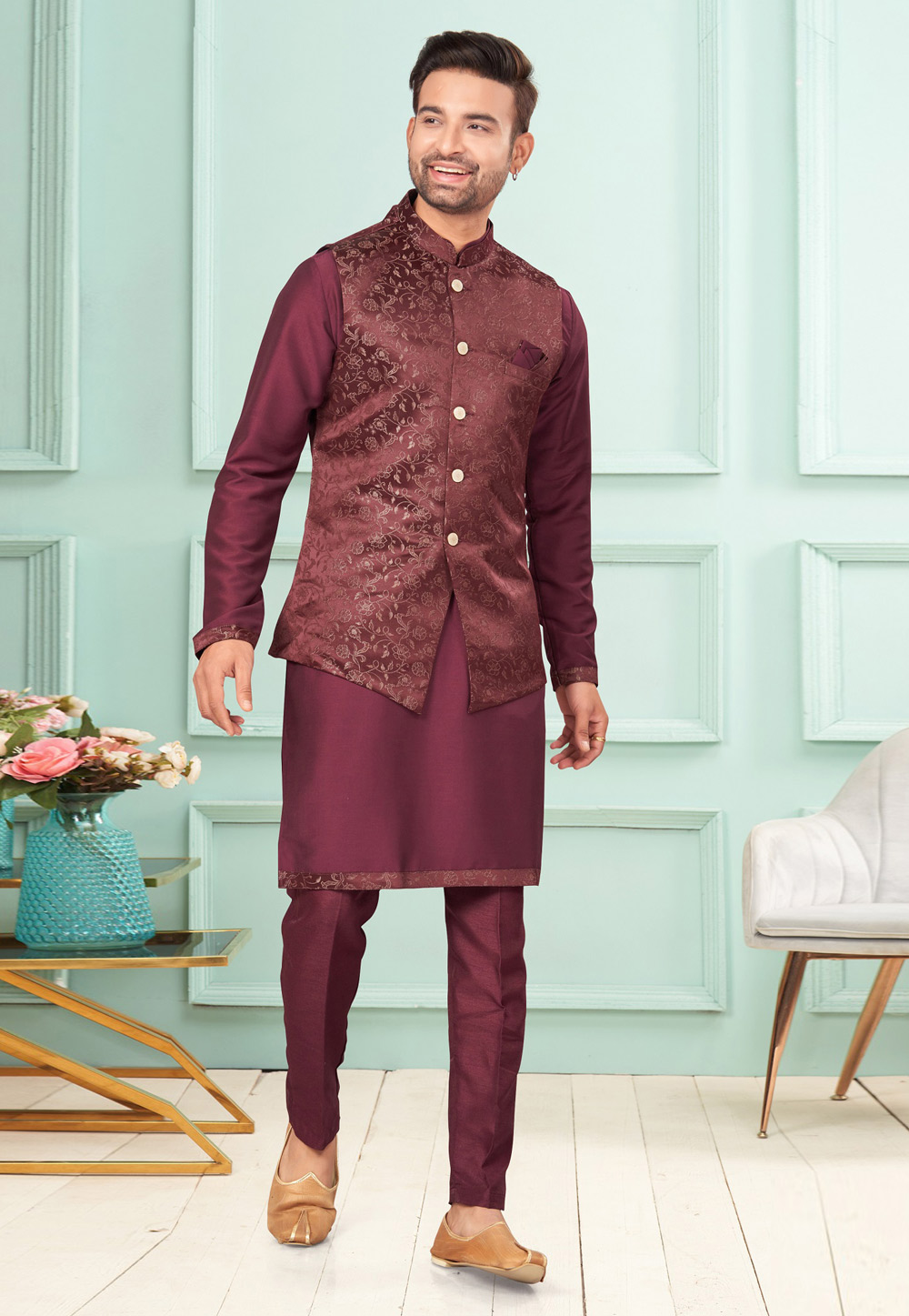 Wine Dupion Kurta Pajama With Jacket 283887