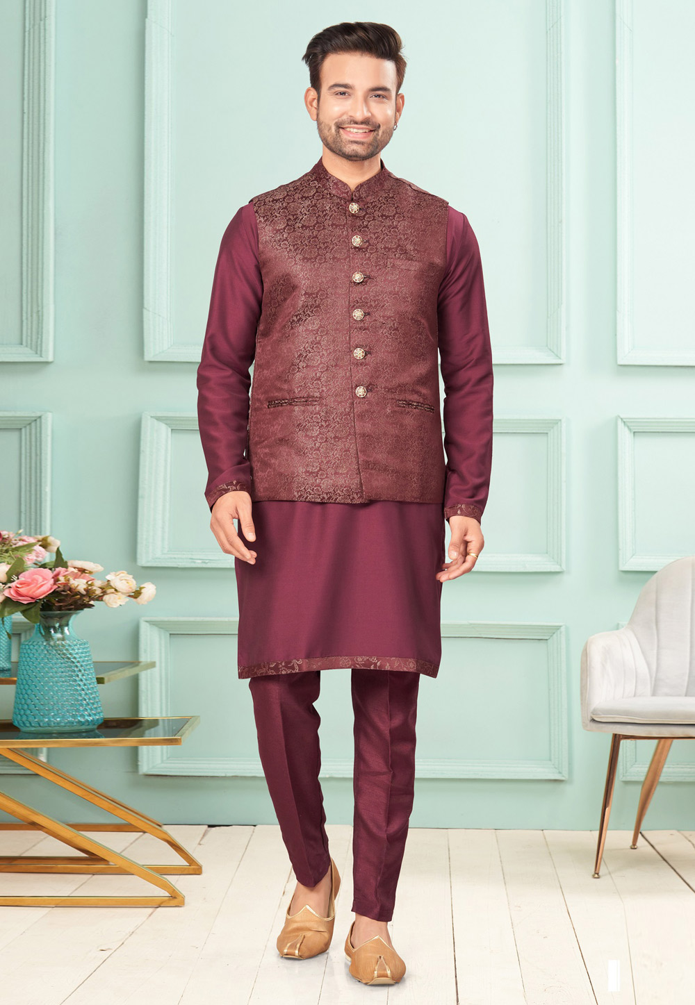 Wine Dupion Kurta Pajama With Jacket 283888
