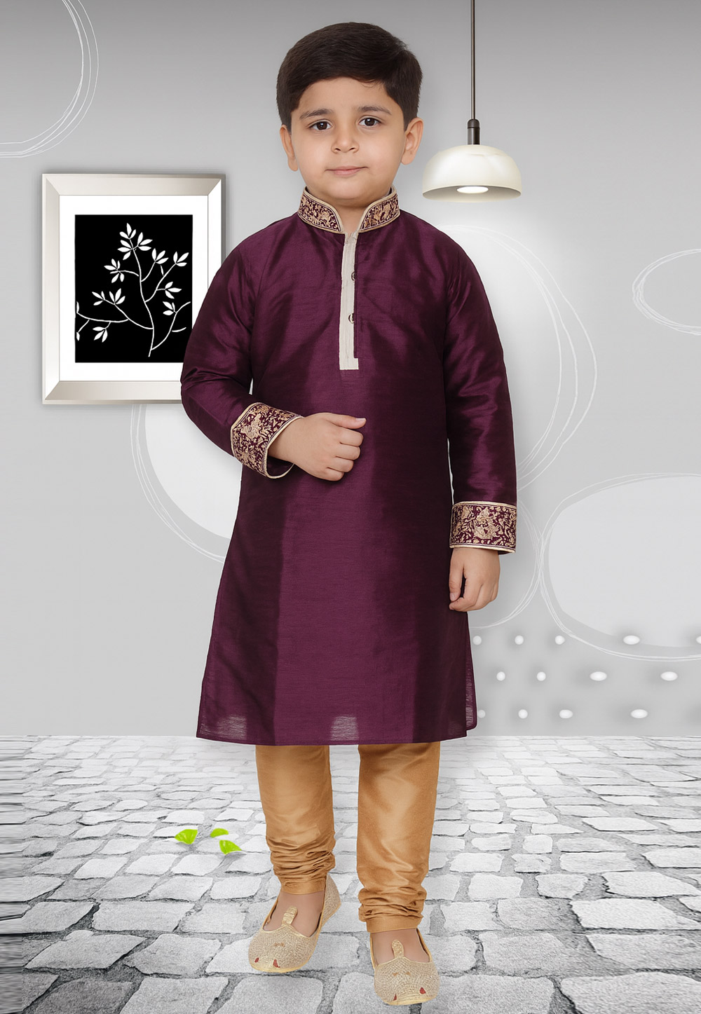 Wine Dupion Silk Kids Kurta Pajama 320830