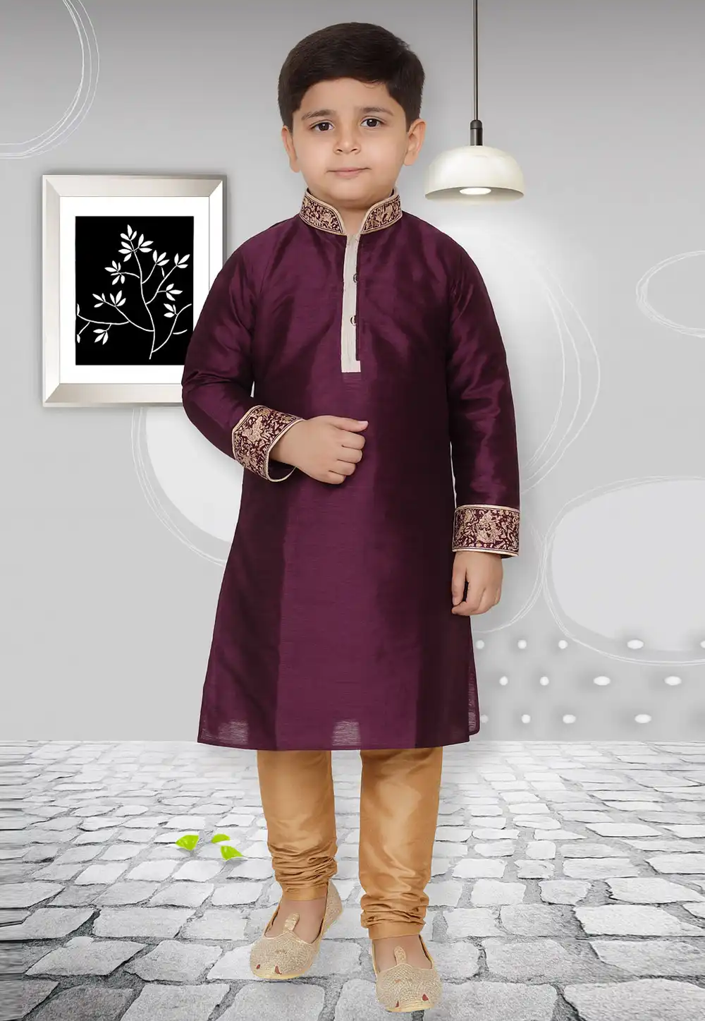 Wine Dupion Silk Kids Kurta Pajama 320830