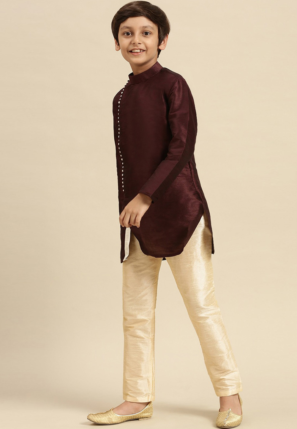 Wine Dupion Silk Kids Kurta Pajama 286218