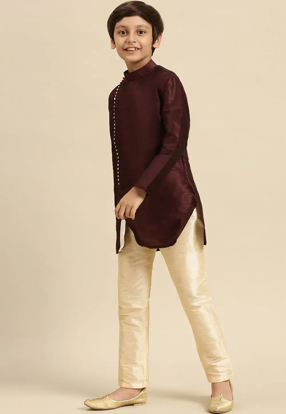 Wine Dupion Silk Kids Kurta Pajama 286218