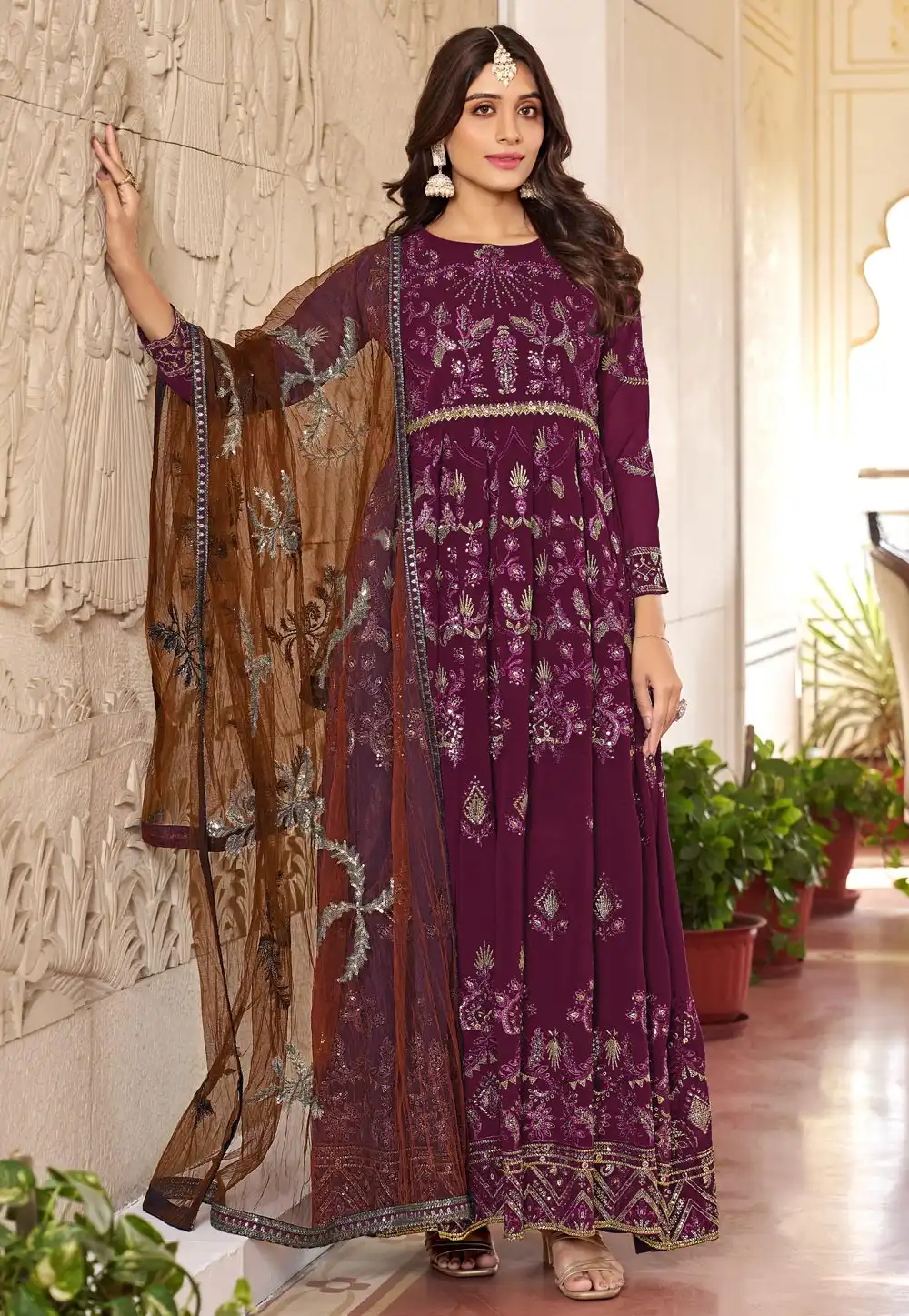 Wine Faux Georgette Anarkali Suit 282038