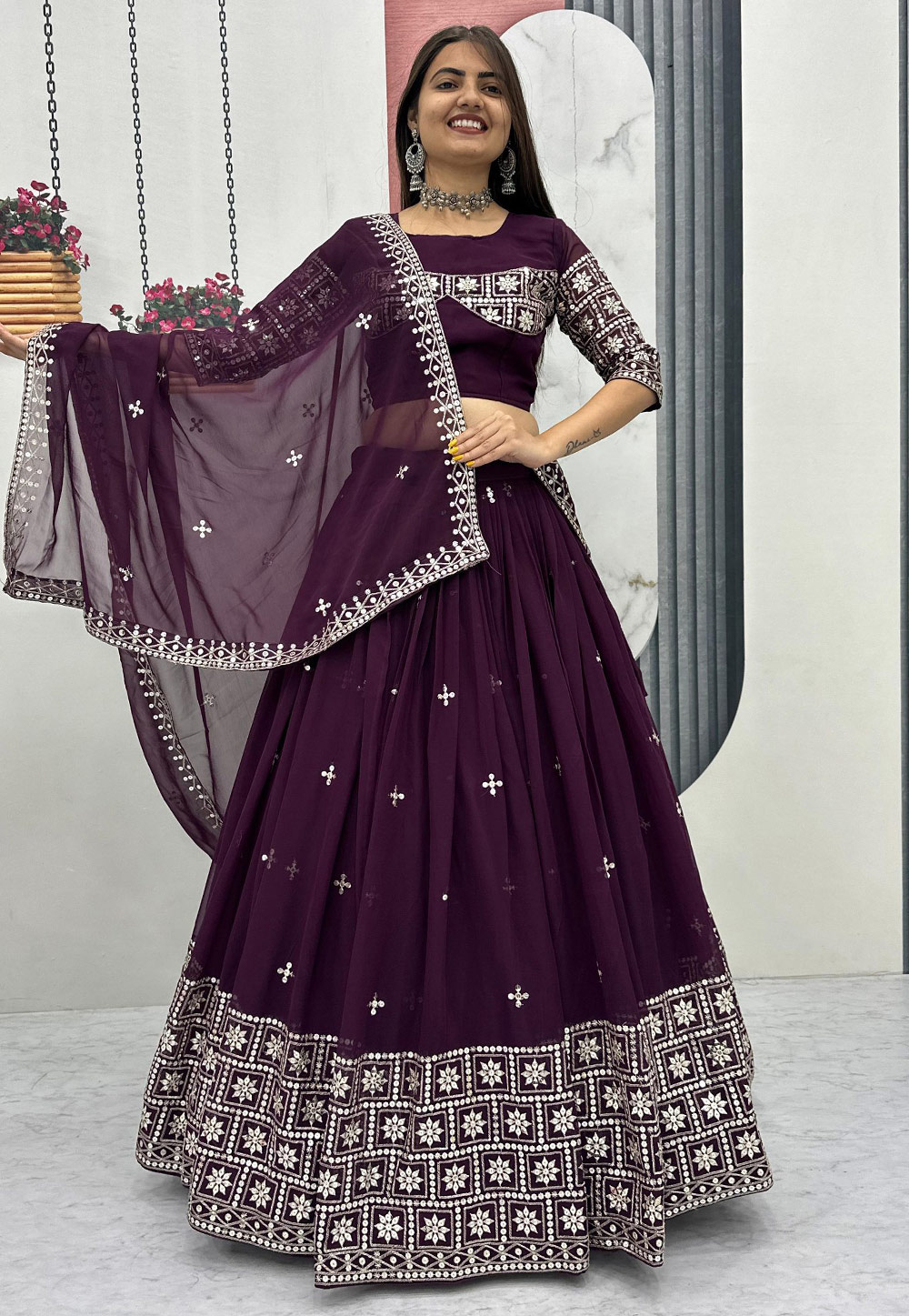 Wine Faux Georgette Circular Lehenga Choli 325978