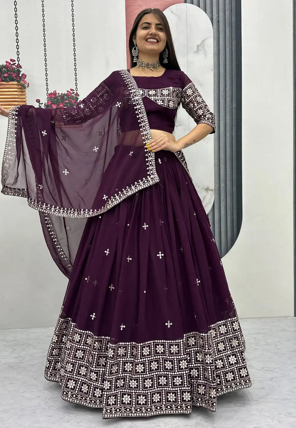 Wine Faux Georgette Circular Lehenga Choli 325978