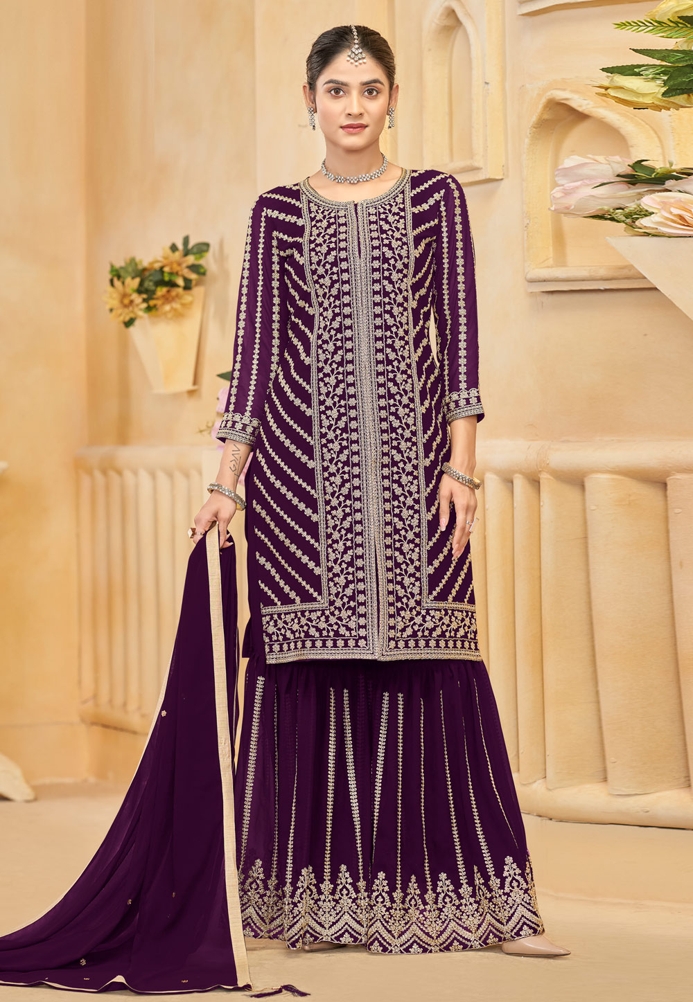 Wine Faux Georgette Embroidered Gharara Suit 306311