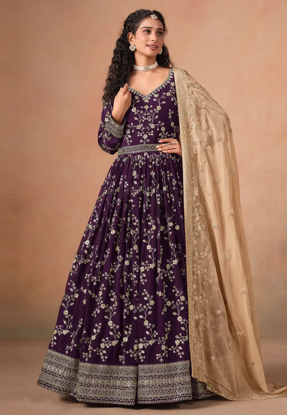 Wine Faux Georgette Embroidered Long Anarkali Suit 315857
