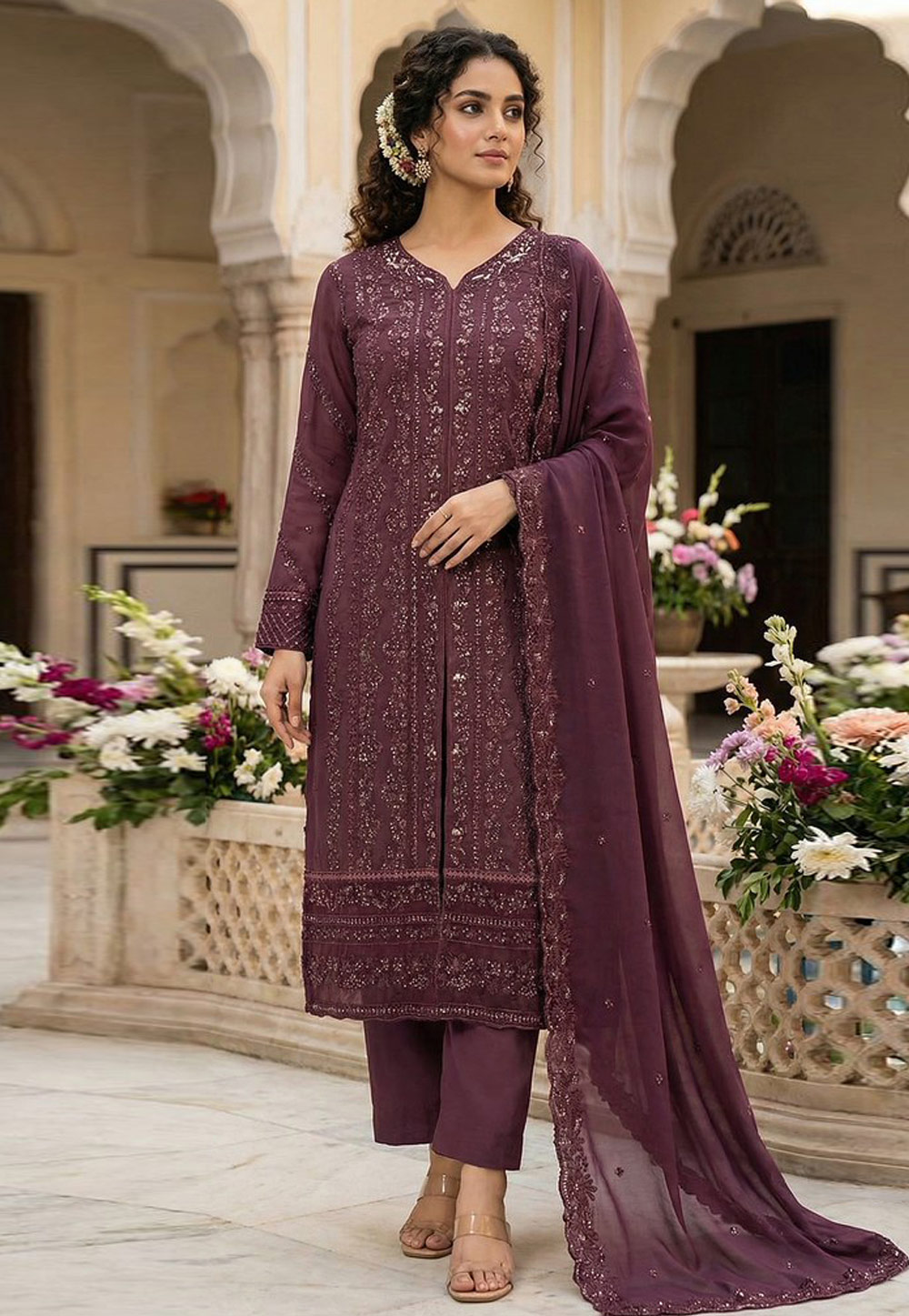 Wine Faux Georgette Embroidered Pakistani Suit 326987
