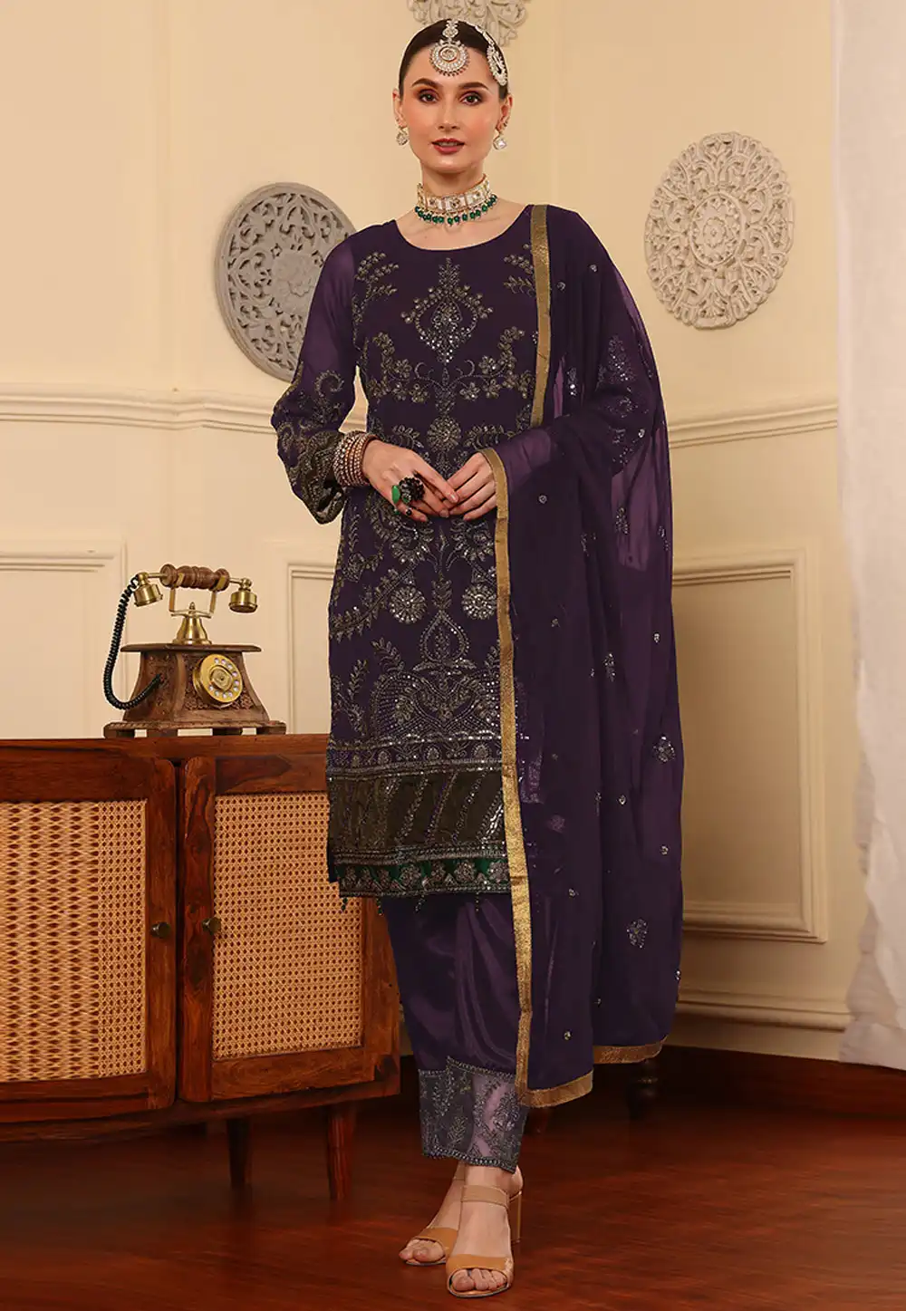 Wine Faux Georgette Embroidered Pakistani Suit 319941