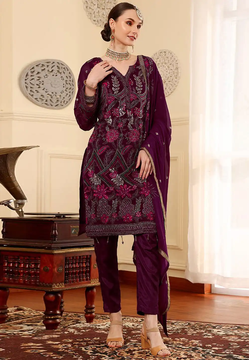 Wine Faux Georgette Embroidered Pant Style Suit 319934