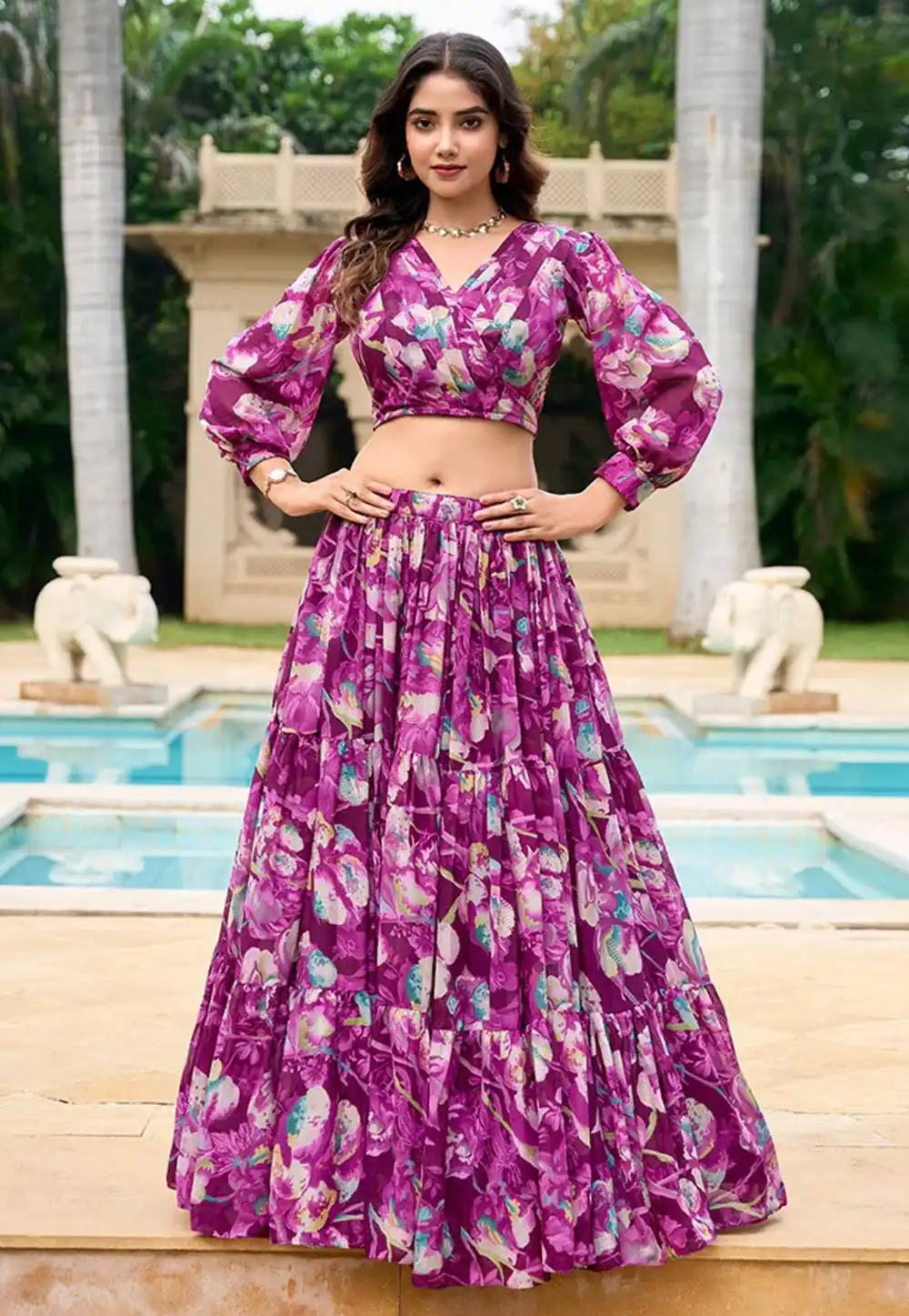 Wine Faux Georgette Floral print Lehenga choli 312695