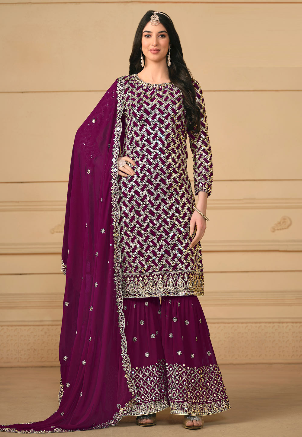Wine Faux Georgette Gharara Suit 283796