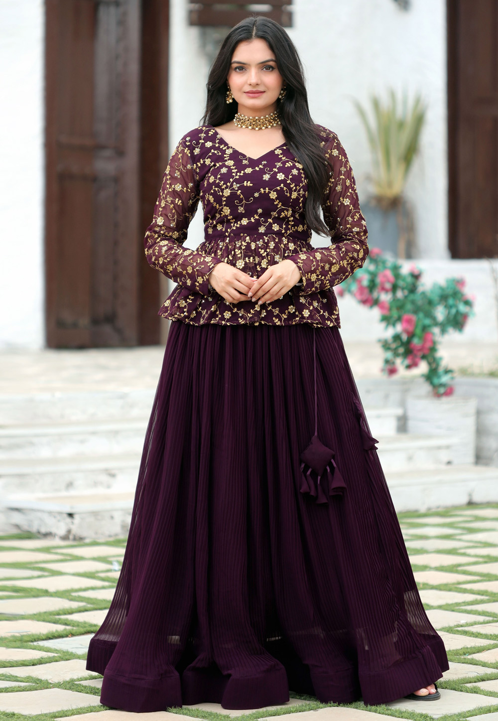Wine Faux Georgette Indo Western Lehenga Choli 286552