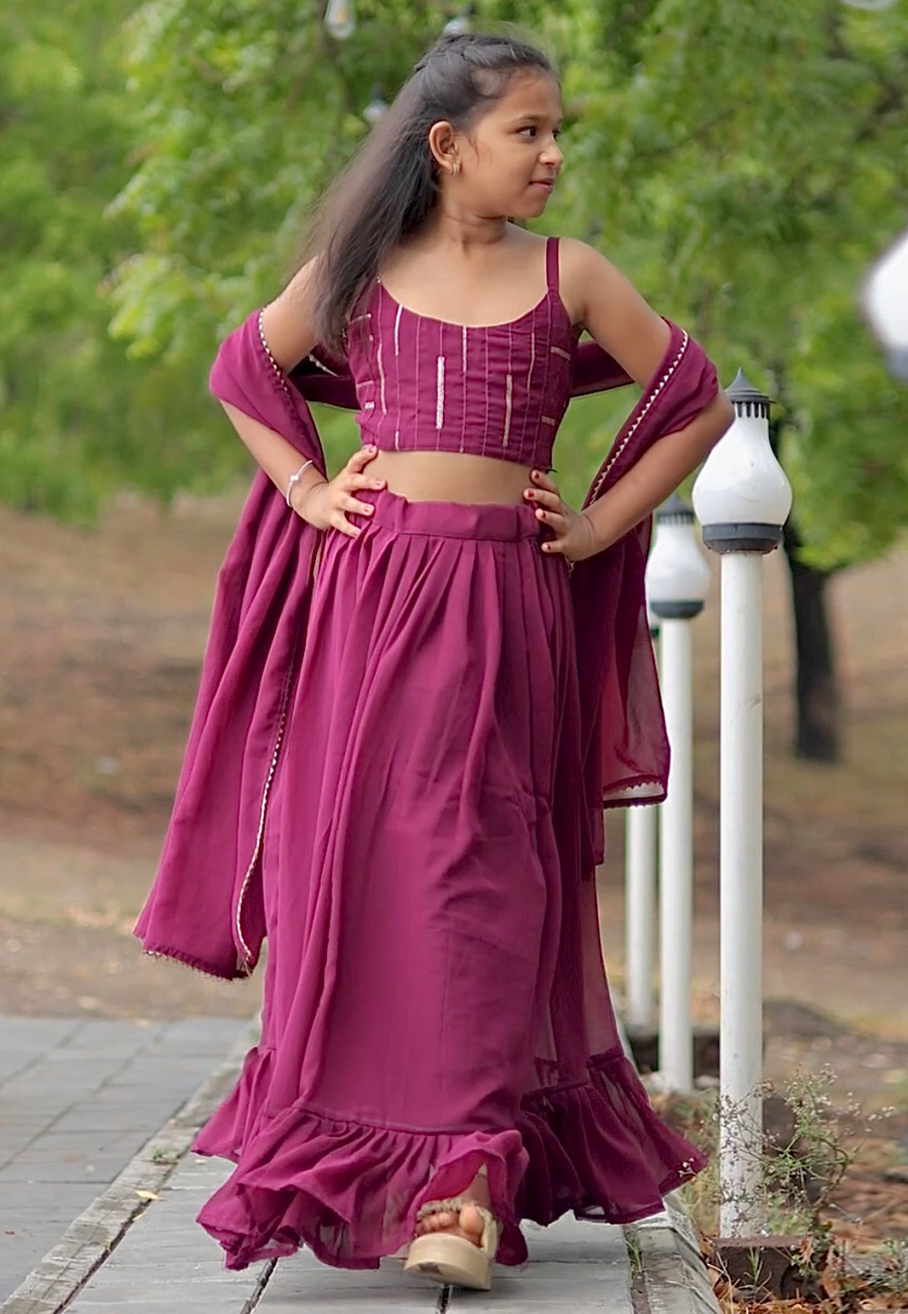 Wine Faux Georgette Kids Lehenga Choli 282076
