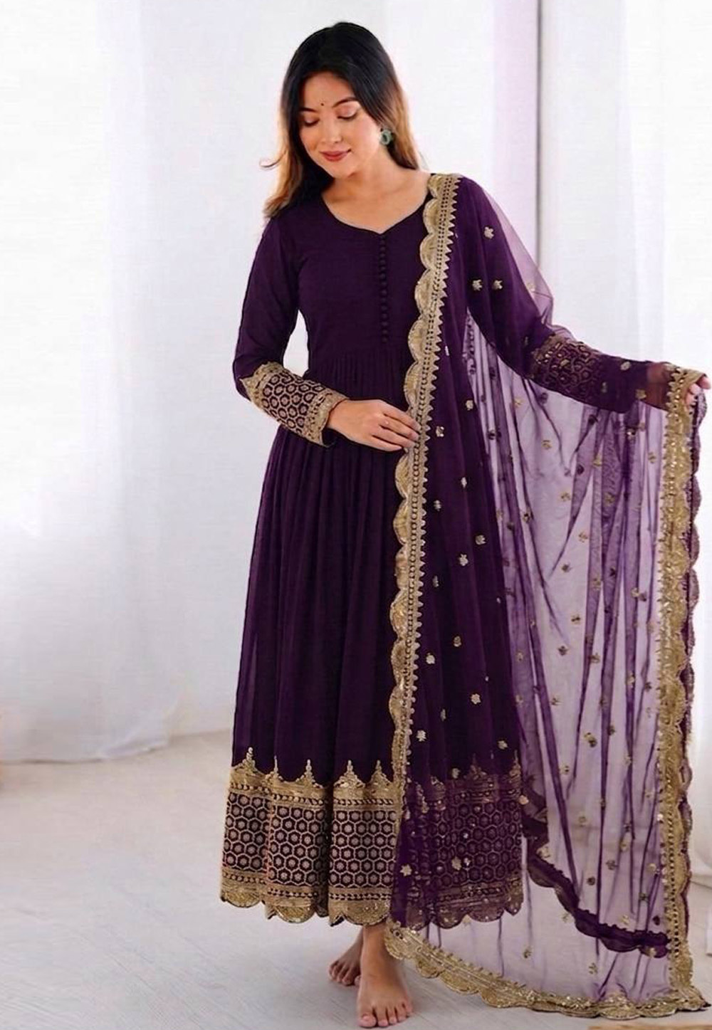 Wine Faux Georgette Long Anarkali Suit 328955