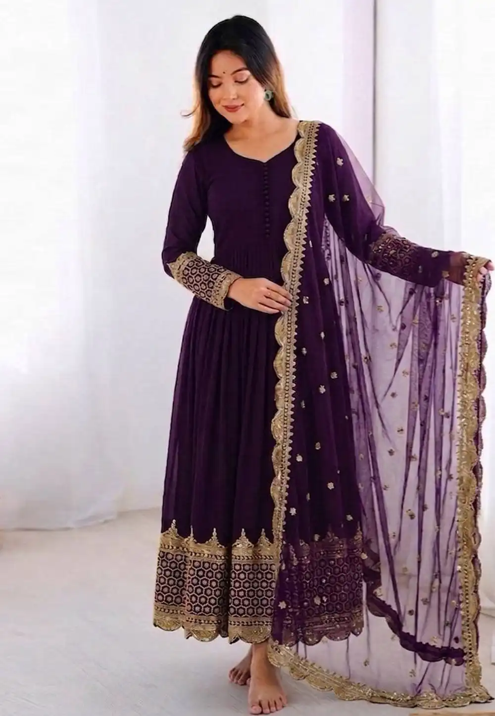 Wine Faux Georgette Long Anarkali Suit 328955