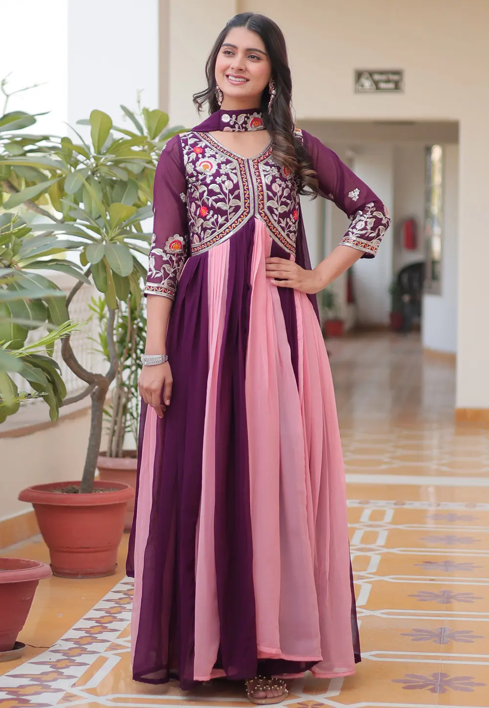 Wine Faux Georgette Readymade Anarkali Suit 303563