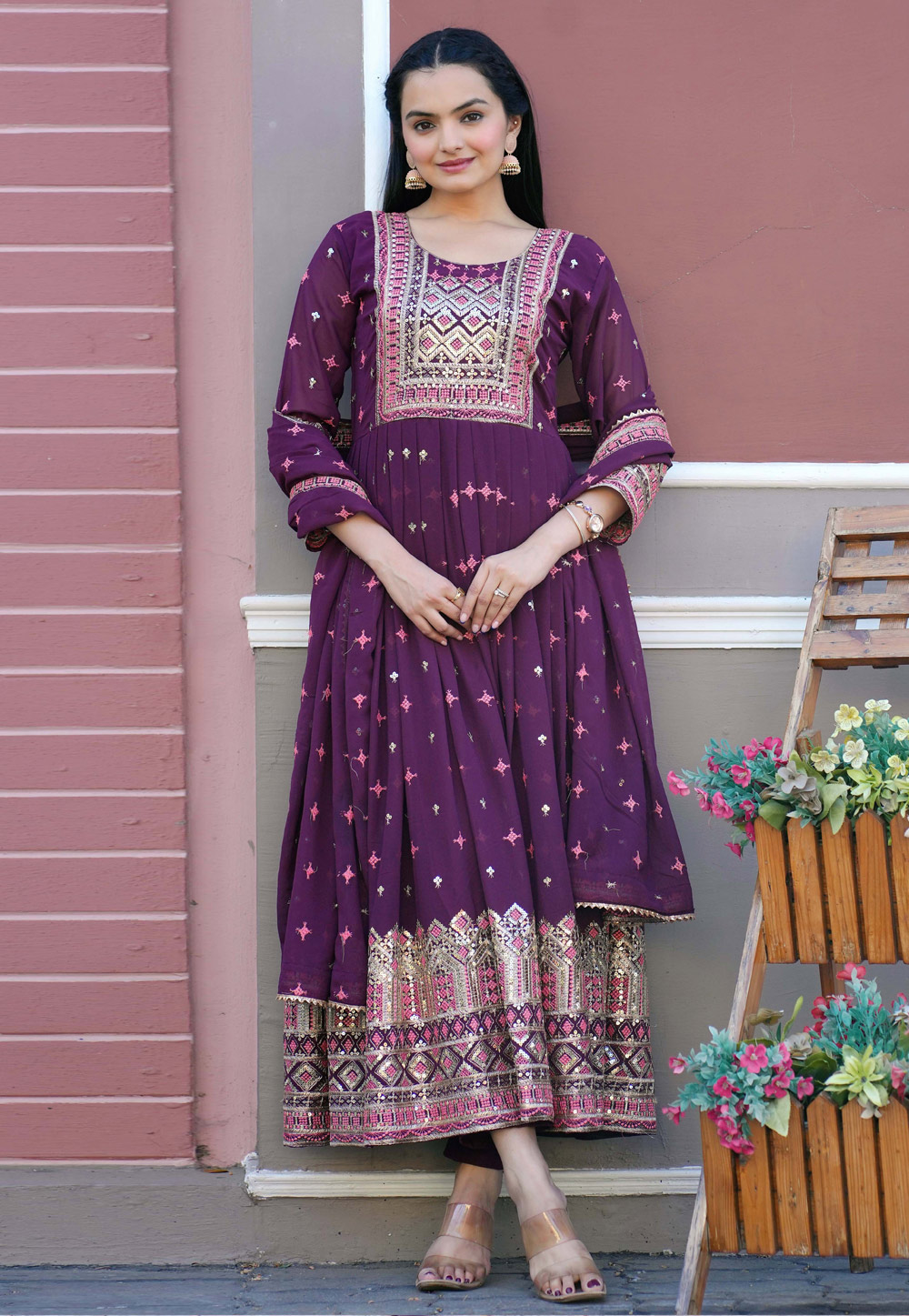 Wine Faux Georgette Readymade Anarkali Suit 308843