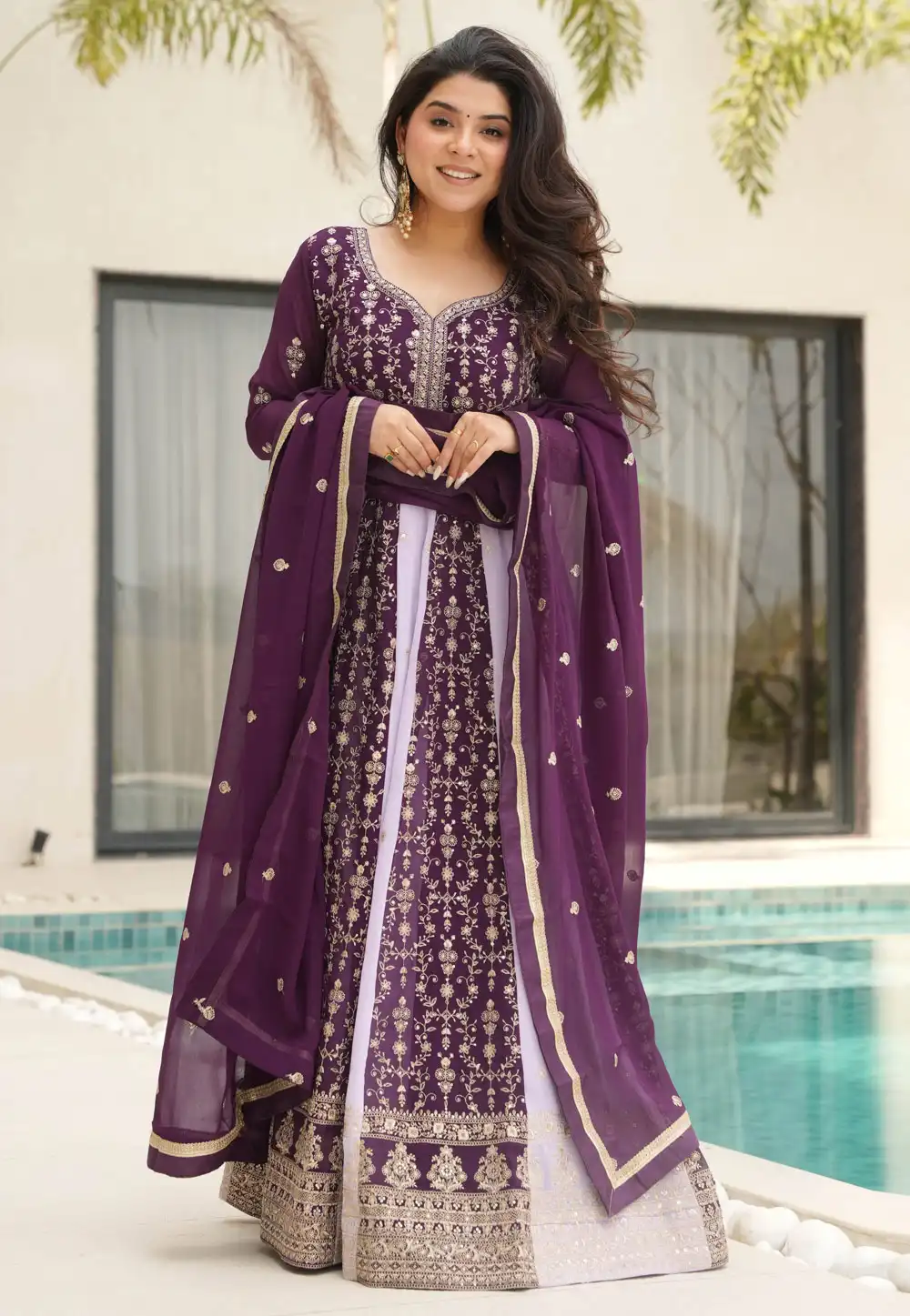 Wine Faux Georgette Readymade Anarkali Suit 314592
