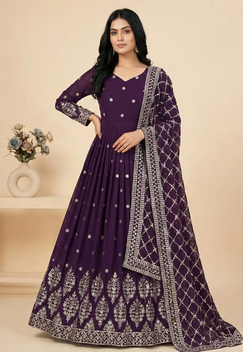 Wine Faux Georgette Readymade Anarkali Suit 324006