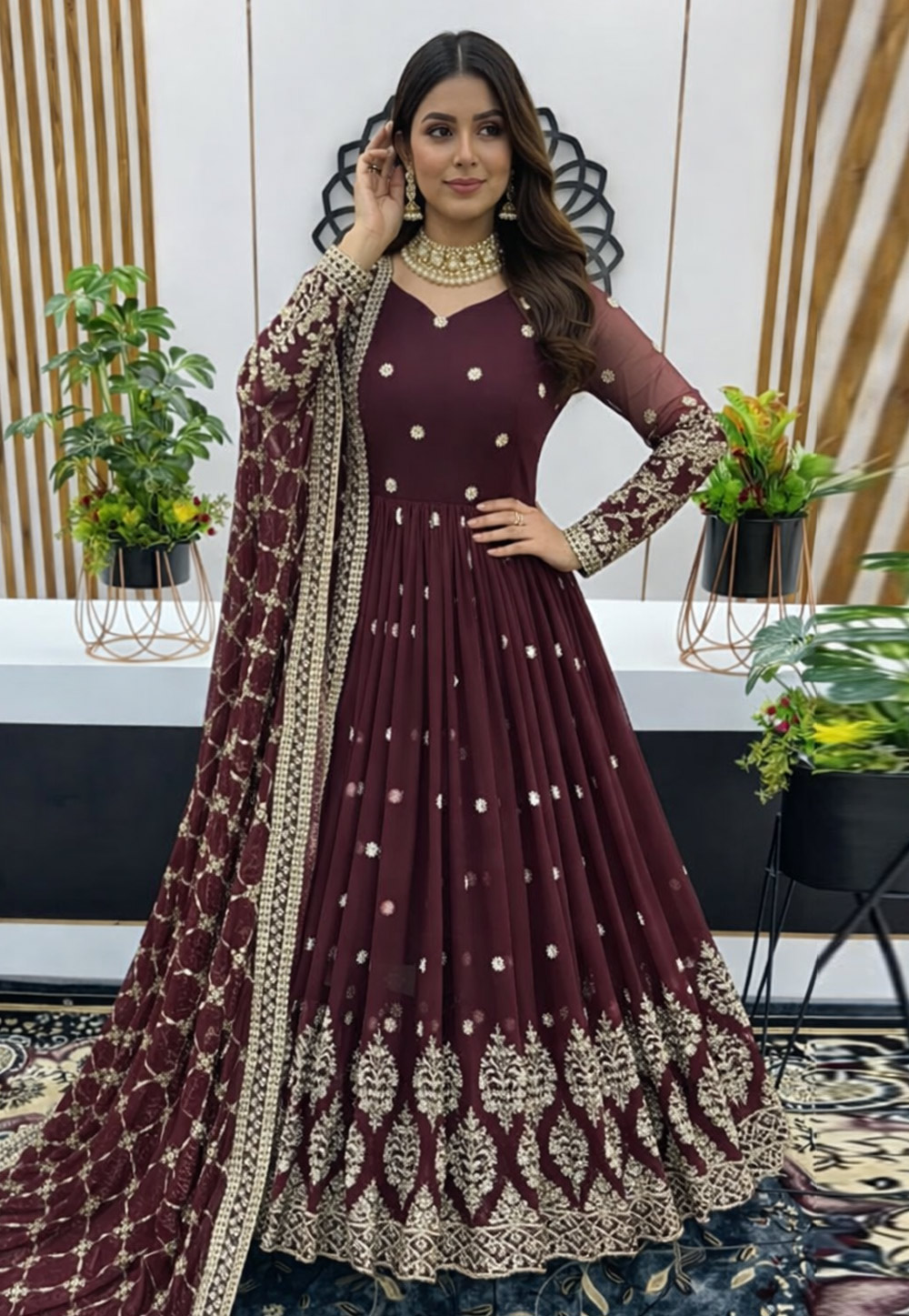 Wine Faux Georgette Readymade Anarkali Suit 322222