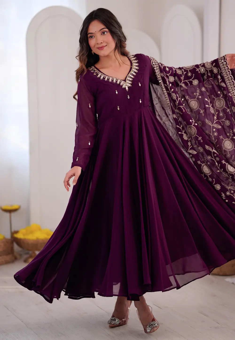 Wine Faux Georgette Readymade Anarkali Suit 333588