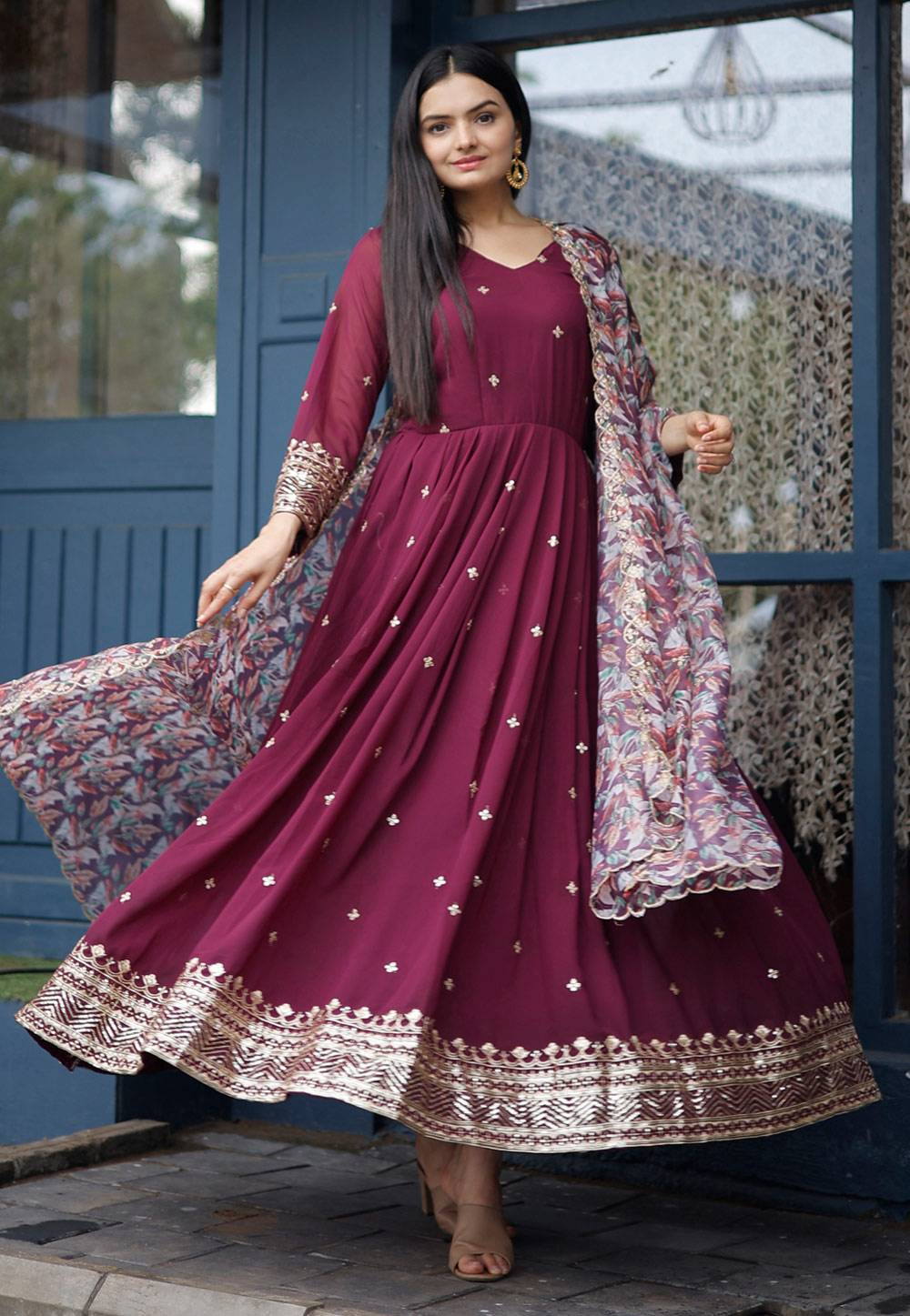 Wine Faux Georgette Readymade Anarkali Suit 278925