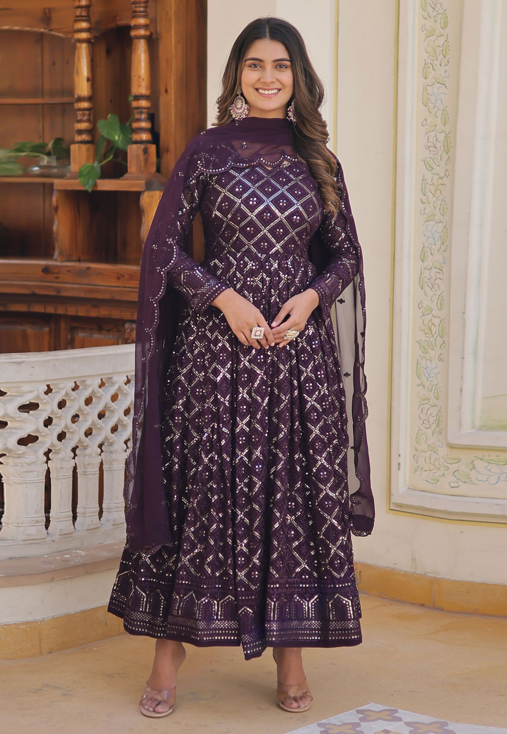 Wine Faux Georgette Readymade Anarkali Suit 282492