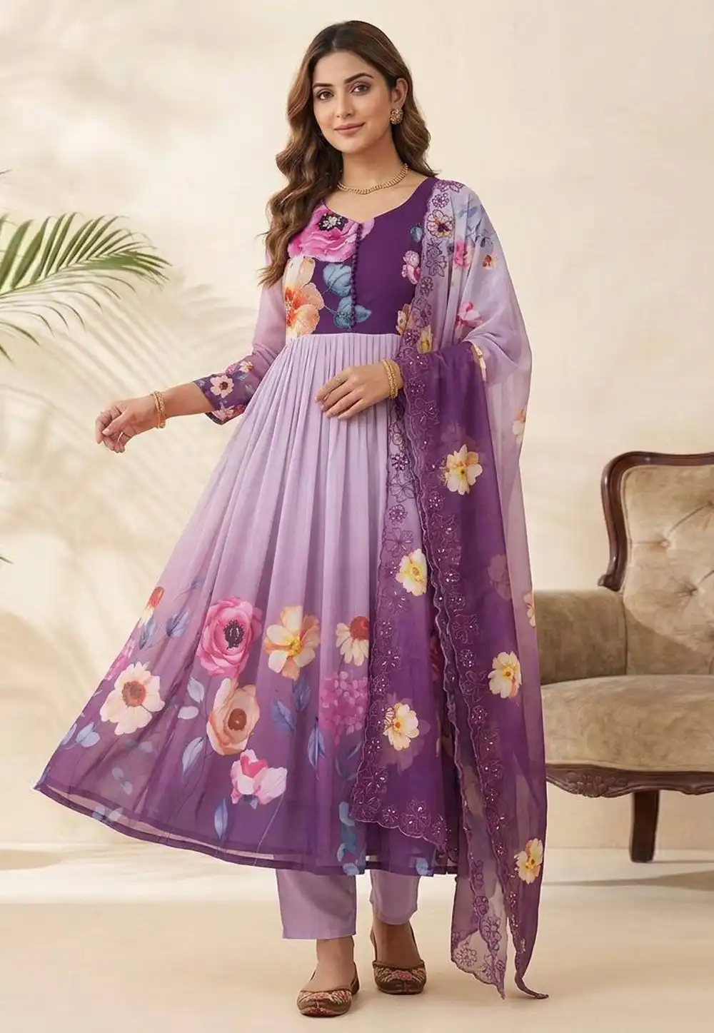 Wine Faux Georgette Readymade Anarkali Suit 328894