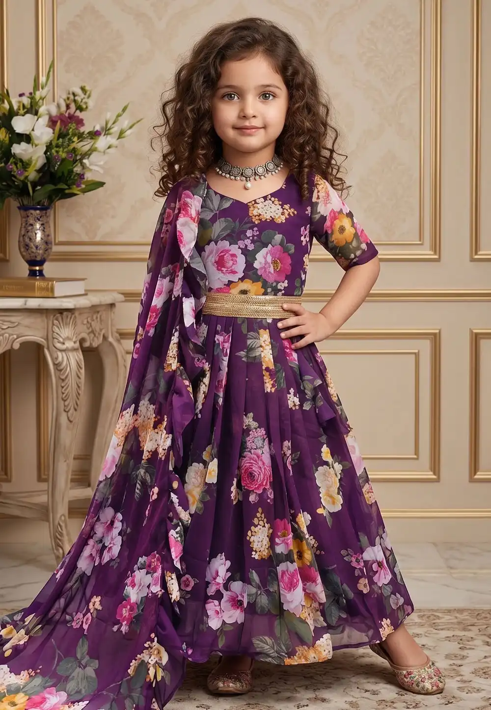 Wine Faux Georgette Readymade Kids Gown 329928
