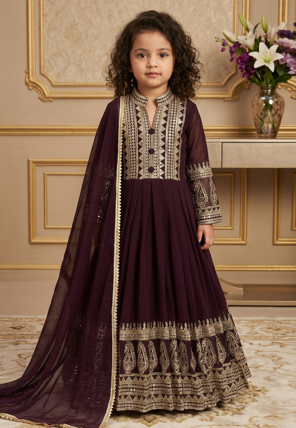 Wine Faux Georgette Readymade Kids Gown 329939