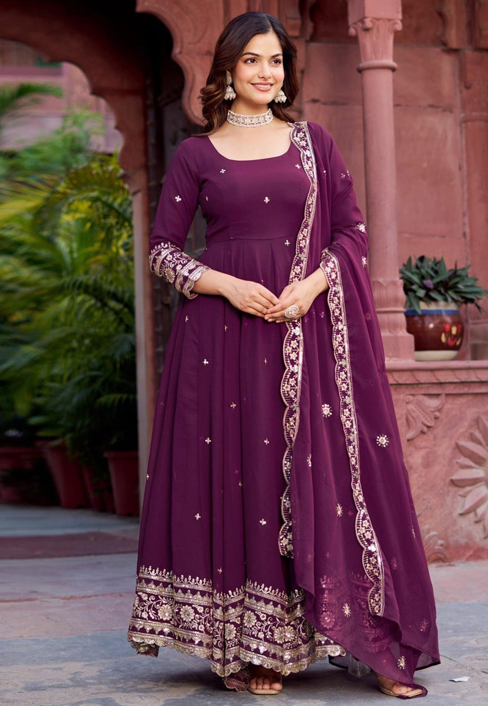 Wine Faux Georgette Readymade Long Anarkali Suit 311846