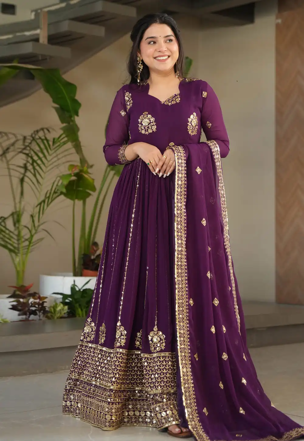 Wine Faux Georgette Readymade Long Anarkali Suit 314593