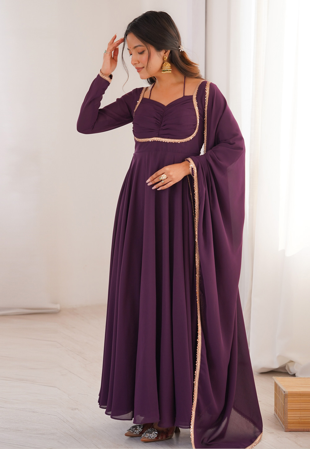 Wine Faux Georgette Readymade Long Anarkali Suit 326177