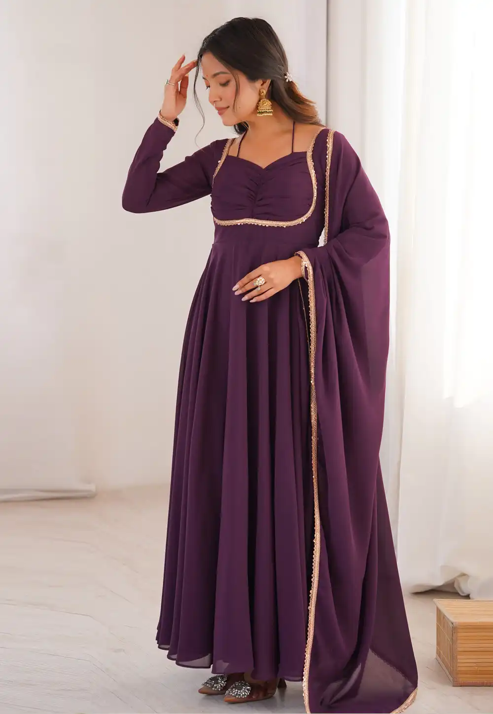 Wine Faux Georgette Readymade Long Anarkali Suit 326177
