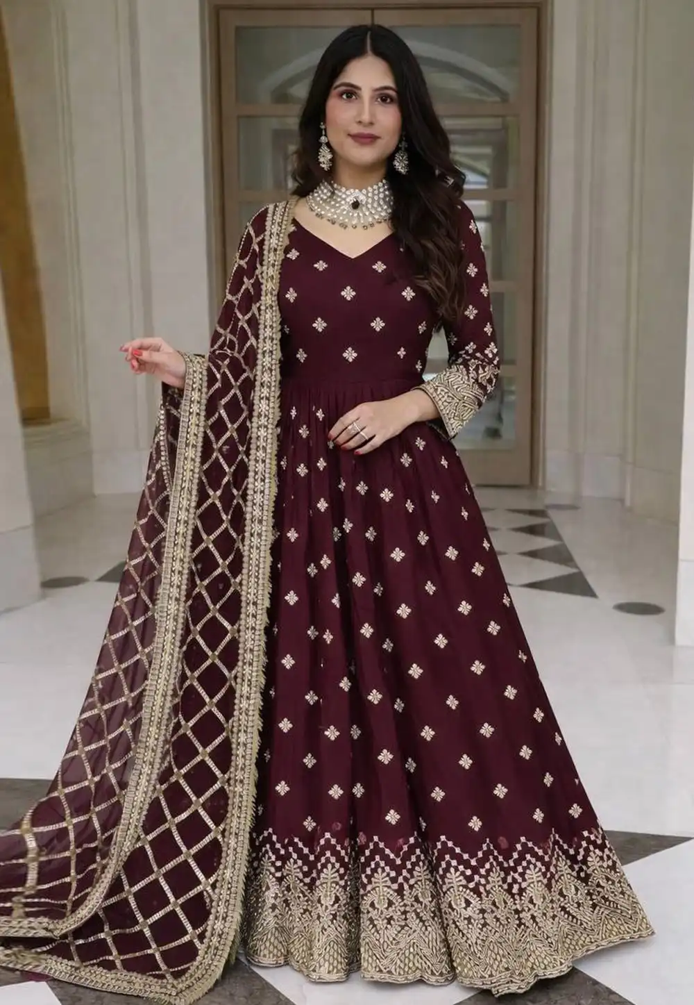 Wine Faux Georgette Readymade Long Anarkali Suit 324213