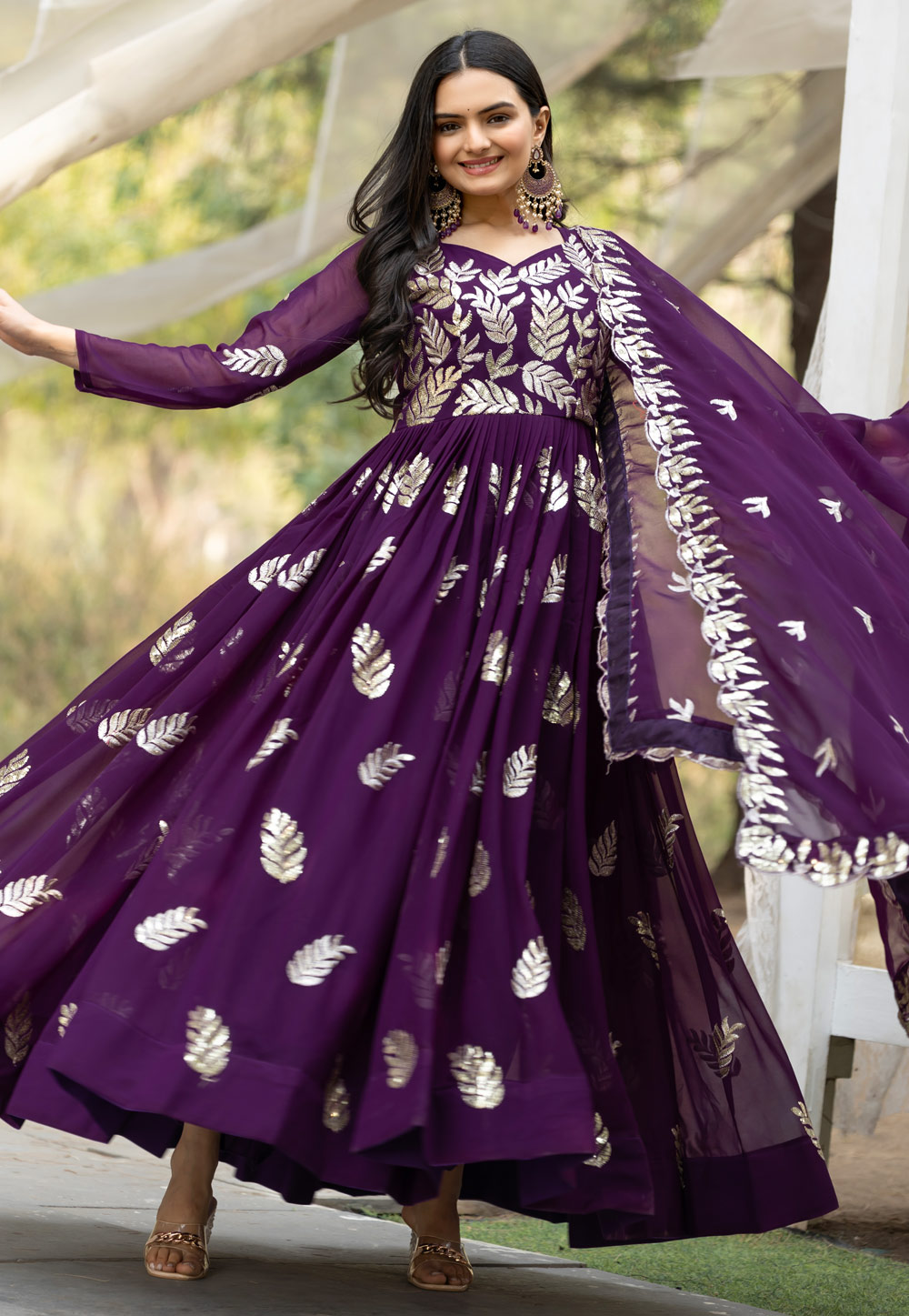Wine Faux Georgette Readymade Long Anarkali Suit 306922